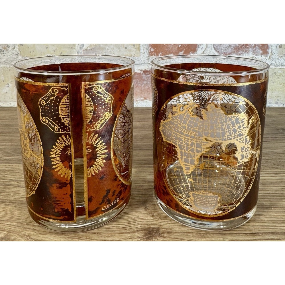 Vintage 22K Gold Culver Terrarum Orbis Geographica 2 Glasses Celestial Old World - Picture 3 of 10